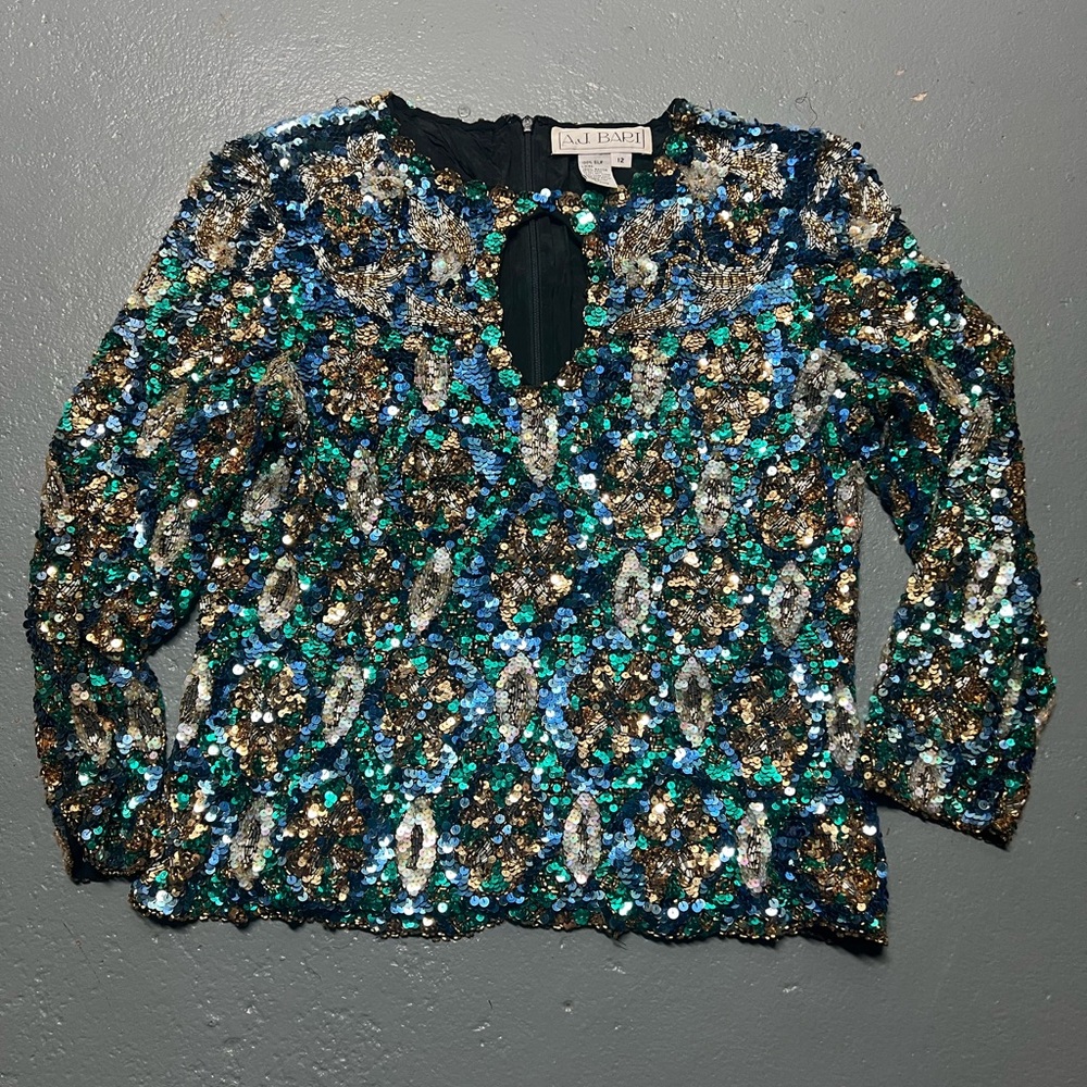 Vintage A.J. Bari Sequin Embellished Top in Blue and Gold